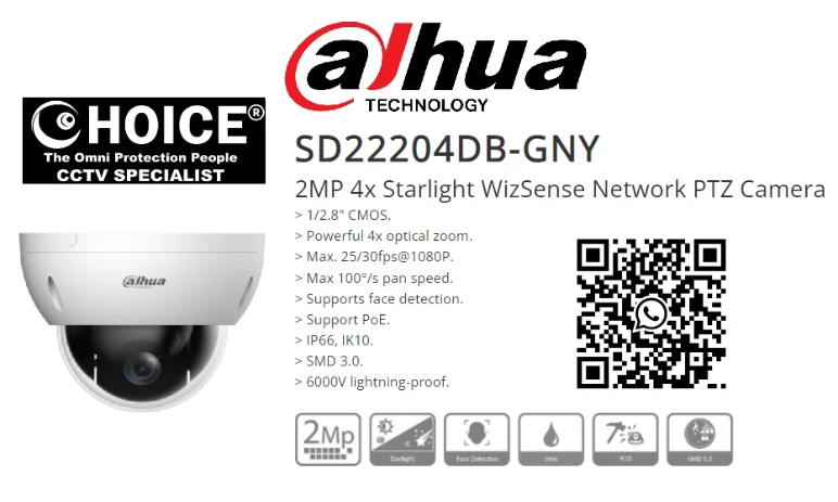 DAHUA CCTV PTZ 4X SD22204DB-GNY PAN TILT ZOOM 2MP PTZ POE IP67 Starlight Face Detect Wide Angle 180 CCTV Camera 360 Viewable