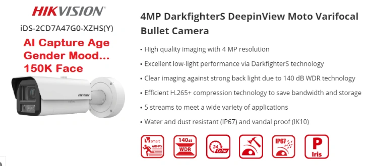 HIKVISION AI DeepinView Camera iDS-2CD7A47G0-XZHS 4MP AI Age Gender Mood DarkFighter H.265+ Duty Detection People Counting Queue Manage 150K Face Comparison