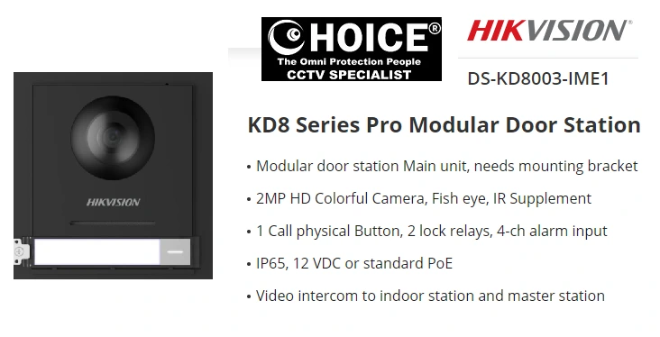 HIKVISION VIDEO INTERCOM DOOR STATION DS-KD8003-IME1 KD8 Pro 2MP 360-Deg Fisheye Lens No Blind Spots CCTV Camera IP65 Mic