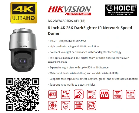 HIKVISION PTZ Camera 8MP 25x DS-2DF8C825IXS-AEL Pan Tilt Zoom Camera DarkFighter Full Color IP67 CCTV Security Camera Singapore