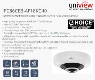 UNV UNIVIEW FISHEYE 12MP Camera IPC86CEB-AF18KC-I0 IPC868ER-VF18-B 12MP ULTRA 4K 360-Deg Panoramic Fisheye No Blind Spots