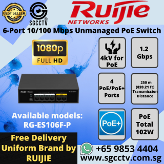 Ruijie 6-Port Switch RG-ES106F-P Switch 10/100 Mbps Unmanaged PoE Switch PoE Auto Recovery 4 PoE+ Ports CCTV SWITCH SINGAPORE POE Switch Repair NEW