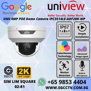 UNV 4MP POE Dome Camera IPC3514LE-ADF28K-WP with ColorHunter Night Vision, Built-in Mic, Wise-ISP, SD Card Slot, IP67. Repair & Replace in Singapore.
