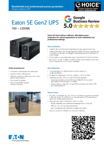 EATON 5E2200UI EA 2200VA UPS offers surge protection AVR 6 outlets & USB port Ideal power backup for CCTV systems routers PC