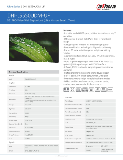 DAHUA LS550UDM-UF 55-inch FHD Video Wall Industrial Level ADS LCD Panel Bezel to Panel Bezel Security System CCTV Camera Singapore
