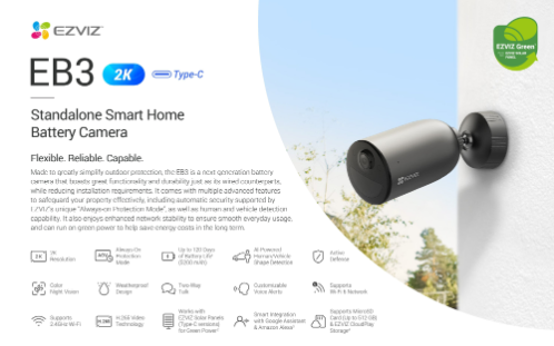 EZVIZ EB3 AOV Version 3MP Standalone Smart Home Battery Camera Always On Protection, Day & Night NEW DB 1 EZVIZ EB3 AOV Version 3MP Standalone Smart Home Battery Camera Always On Protection, Day & Night