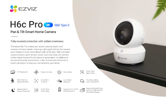 EZVIZ H6c PRO 3k 5MP Pan & Tilt Smart Home Camera Sleep Mode for Privacy Protection Smart Human Shape Detection Auto-Zoom Tracking DB 1 EZVIZ H6c PRO 3k 5MP Pan & Tilt Smart Home Camera