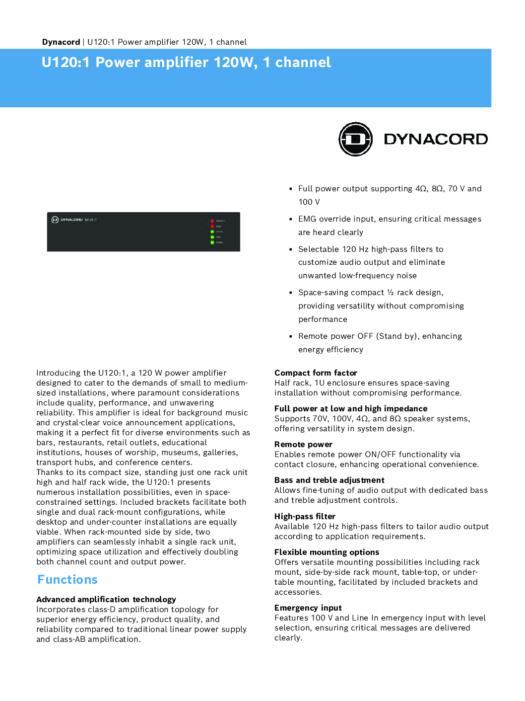 DYNACORD Power Amplifier U120:1 120W Professional Audio Systems Booster Amplifier Public Announcement PA Amplifier Repair Replace 3 DYNACORD Power Amplifier U120:1 120W Professional Audio Systems Booster Amplifier Public Announcement PA Amplifier Repair Replace - Image 3